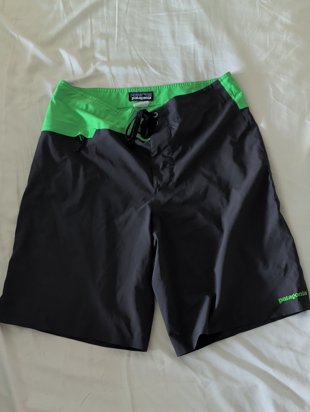 Patagonia Men’s Black Swim Board Shorts with Neon Green Waistband